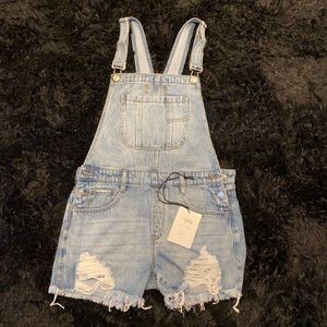 Brand new distressed overall shorts